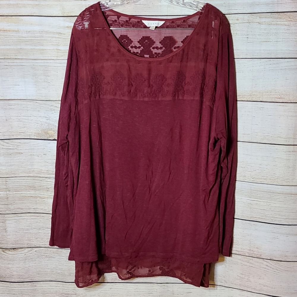 ADIVA Burgundy Split Back Lace Trim Pullover Tunic, Size 2X